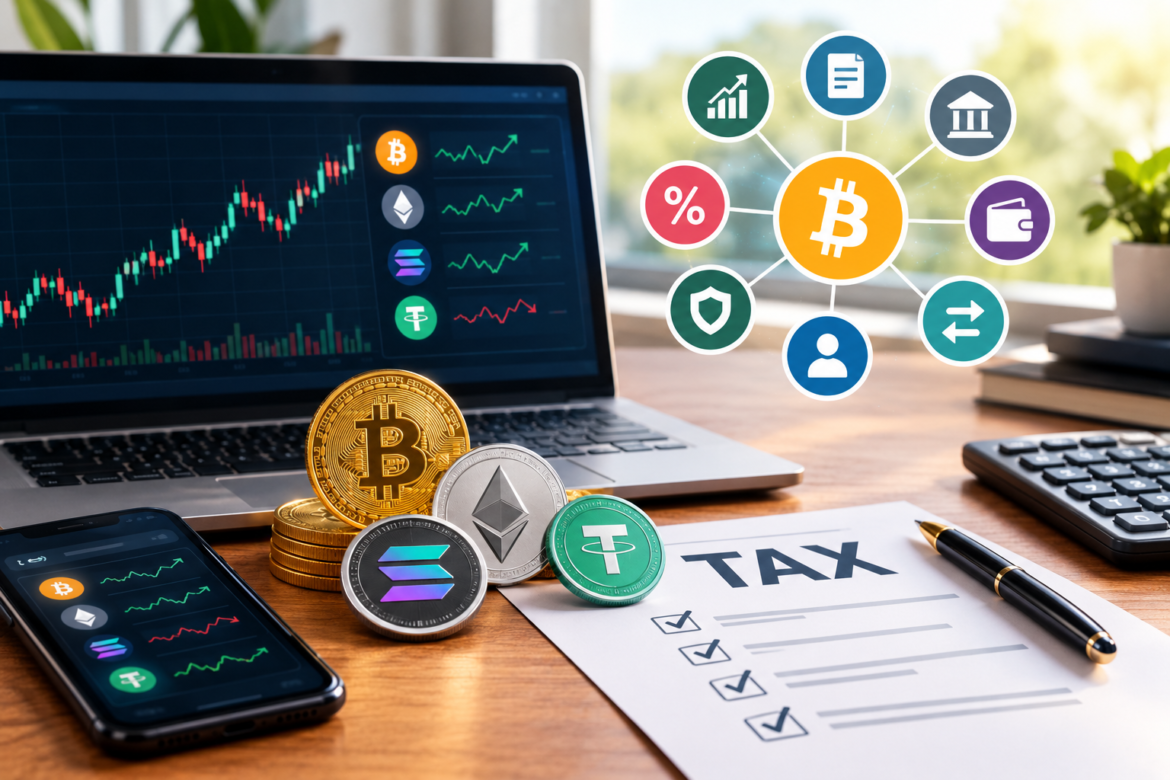 Crypto Tax Workspace with Bitcoin Icons