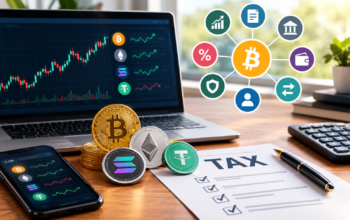 Crypto Tax Workspace with Bitcoin Icons